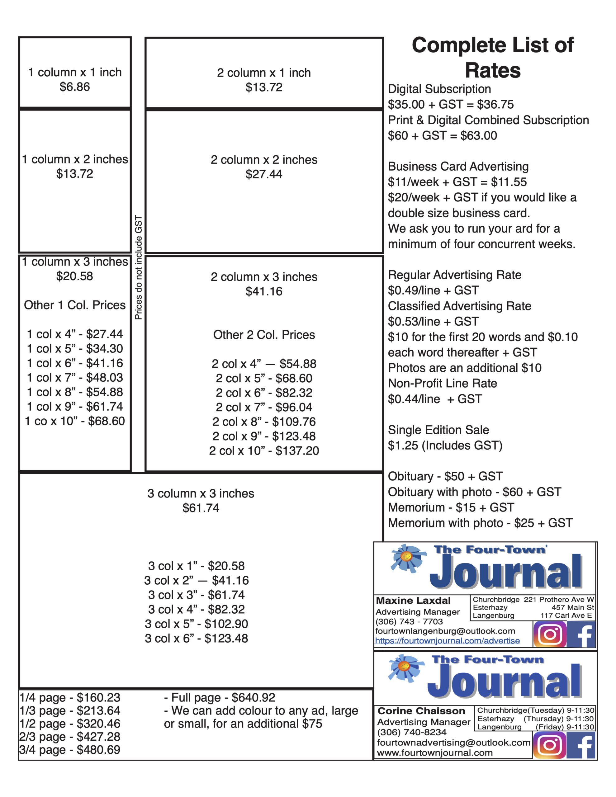 Four-Town Journal Advertising Rates